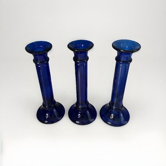 3 Vintage Pier 1 Imports Cobalt Blue Pillar Candle Holder or Vase Recycled Glass - Picture 1 of 13